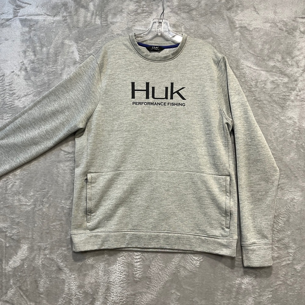 Huk Sweatshirt Mens Large Gray Performance Fishing Pullover Fleece Thumbholes